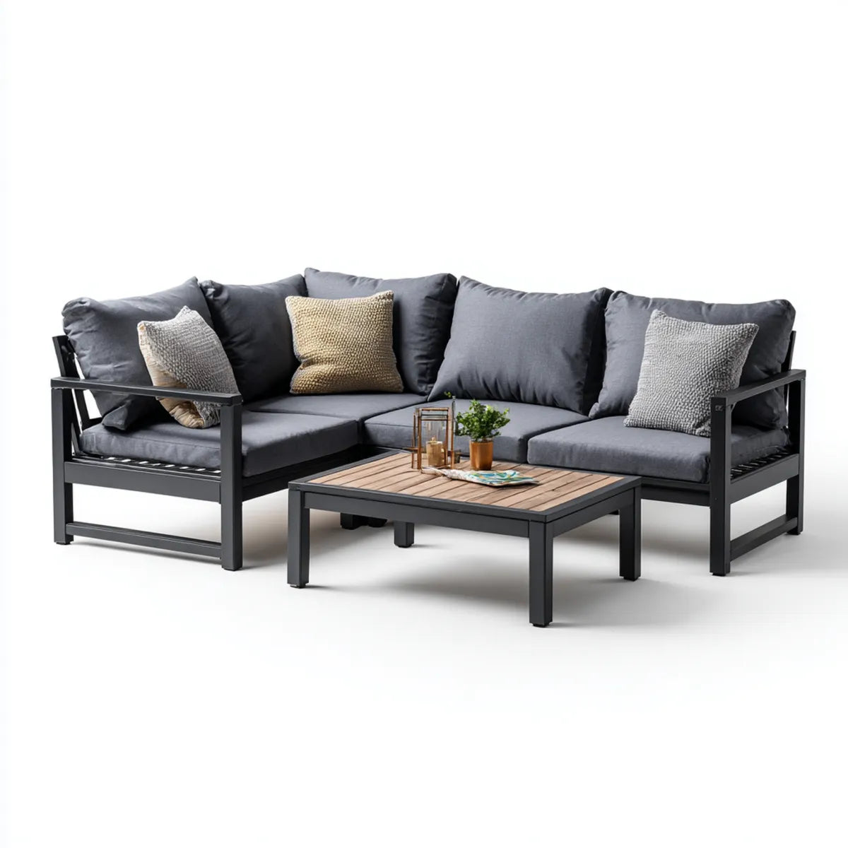 Salon de jardin d’angle 4 places gris anthracite en aluminium et acacia forme L 220 x 220 x 75 cm avec table basse