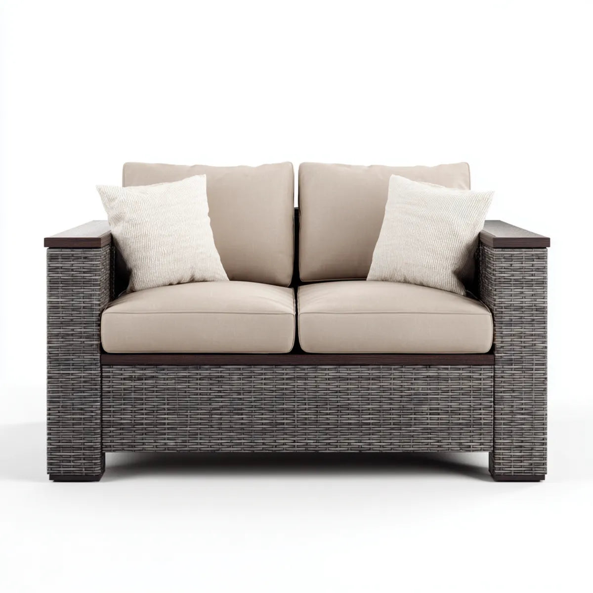 Canapé de jardin 2 places gris et beige en rotin PE avec coussins 150 x 85 x 85 cm