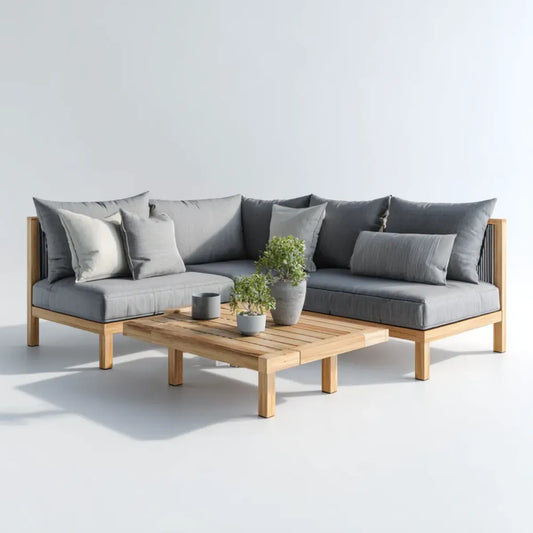 Salon de jardin d’angle 3 pièces gris en acacia massif avec coussins en polyester 220 x 220 x 75 cm