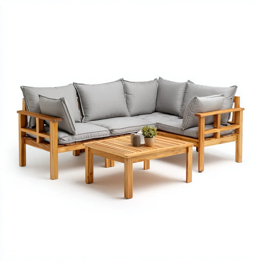 Salon de jardin d’angle 4 places en acacia gris avec table basse 205 x 205 cm