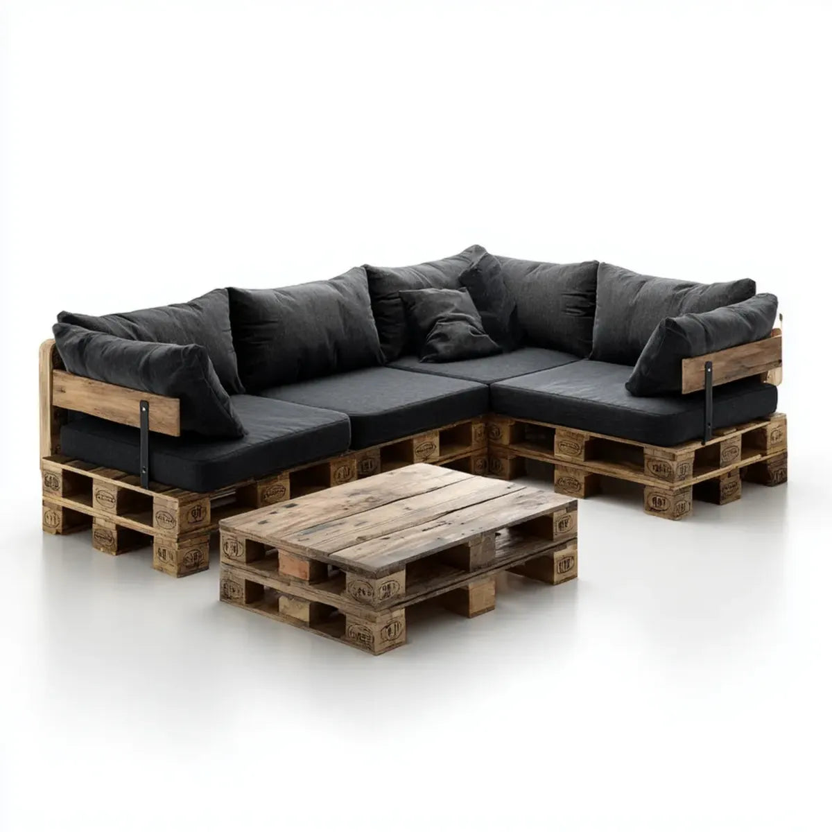 Salon de jardin d'angle en palettes de pin naturel avec coussins noirs 240 x 160 cm