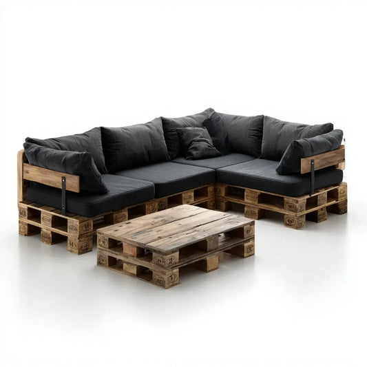 Salon de jardin d'angle en palettes de pin naturel avec coussins noirs 240 x 160 cm