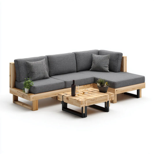 Salon de jardin d’angle 5 places avec table basse gris bois naturel acier noir 240 x 180 x 75 cm