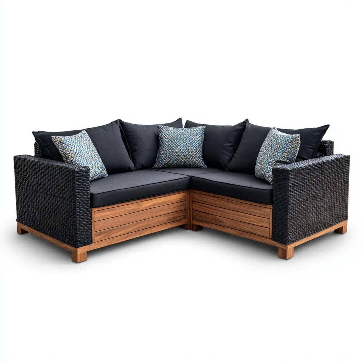 Canapé de jardin d'angle noir brun 220 x 220 x 75 cm en résine tressée PE et bois massif d'acacia forme L