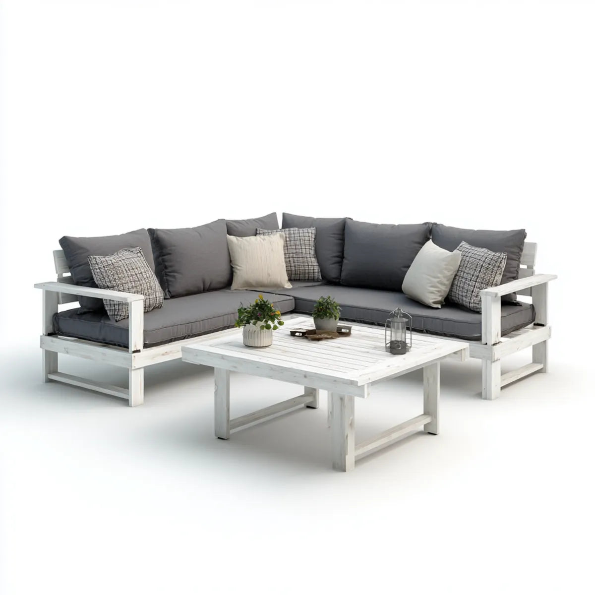Salon de jardin d'angle 3 pièces blanc gris en pin massif 250 x 250 cm avec table basse 120 x 70 cm