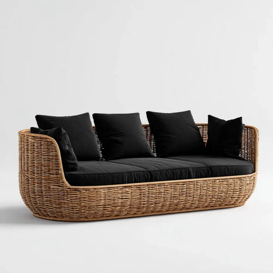 Canapé de jardin 3 places noir et naturel en rotin tressé forme droite 220 x 85 x 75 cm