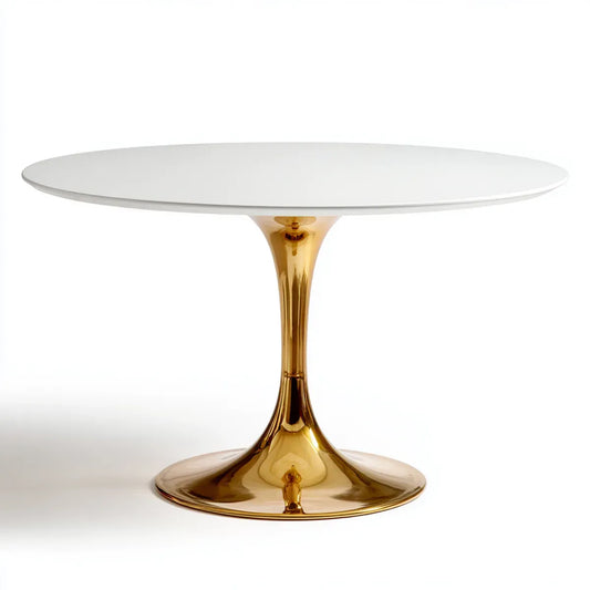Table à manger ronde blanche et dorée Ø100 x H74 cm plateau MDF laqué piètement acier